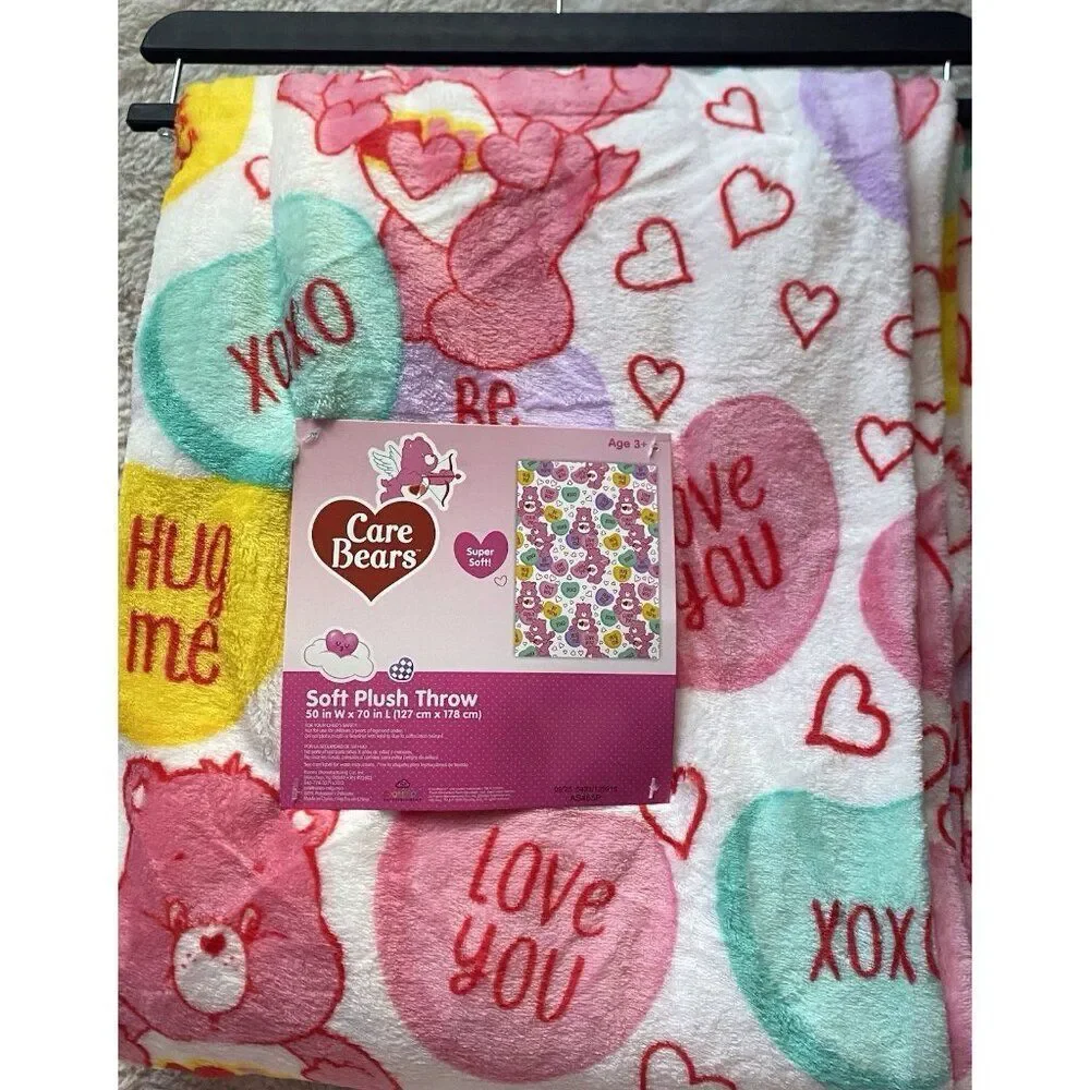 Care Bears Love A Lot Bear Throw Blanket 50 X 70” Conversation Hearts Valentines